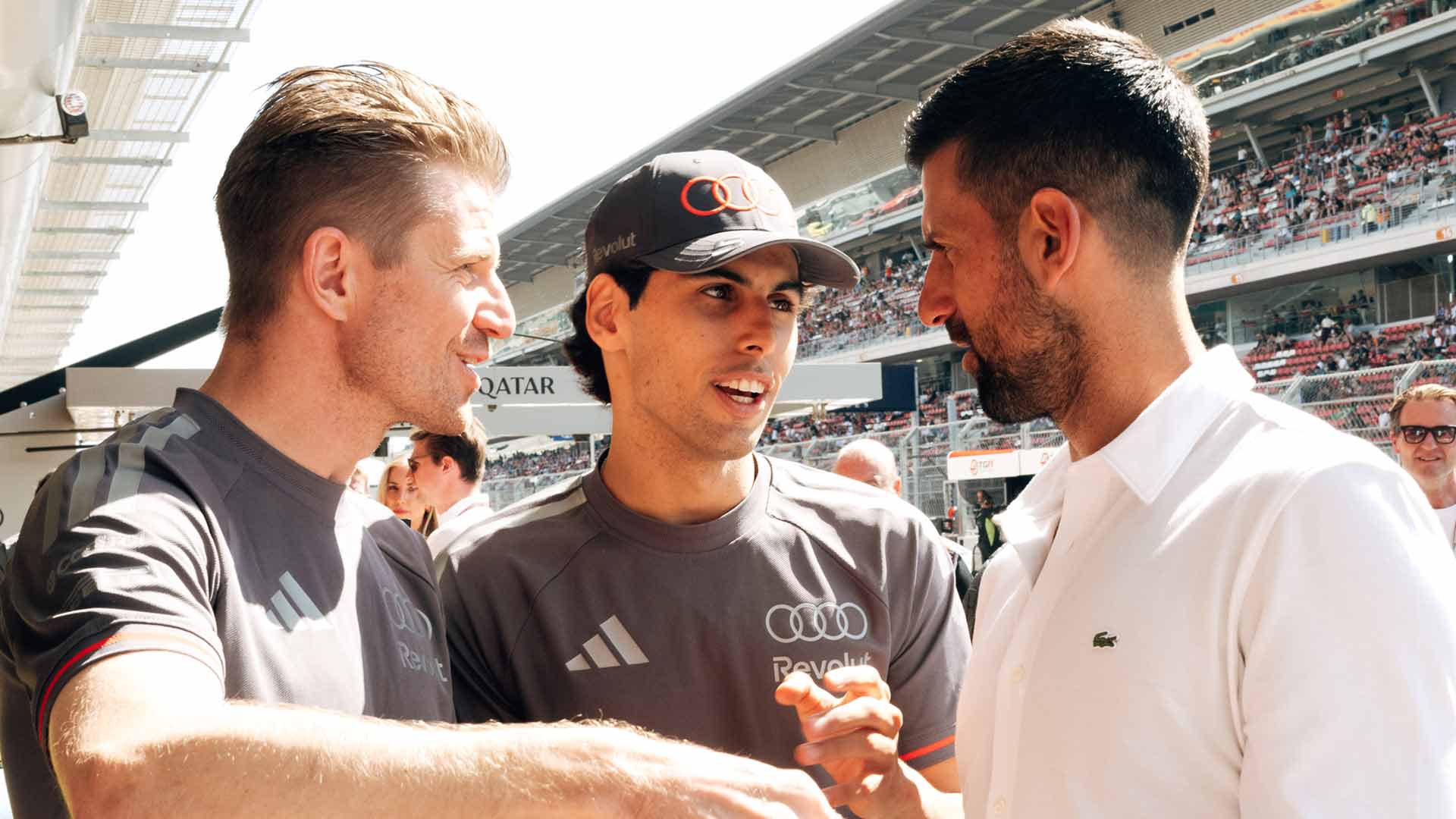 Nico Hulkenberg and Gabriel Bortoleto catch up with Novak Djokovic in Barcelona.