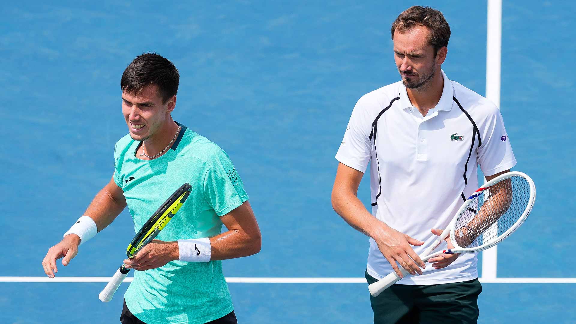Fabian Marozsan and Daniil Medvedev in action on Saturday in Montreal.