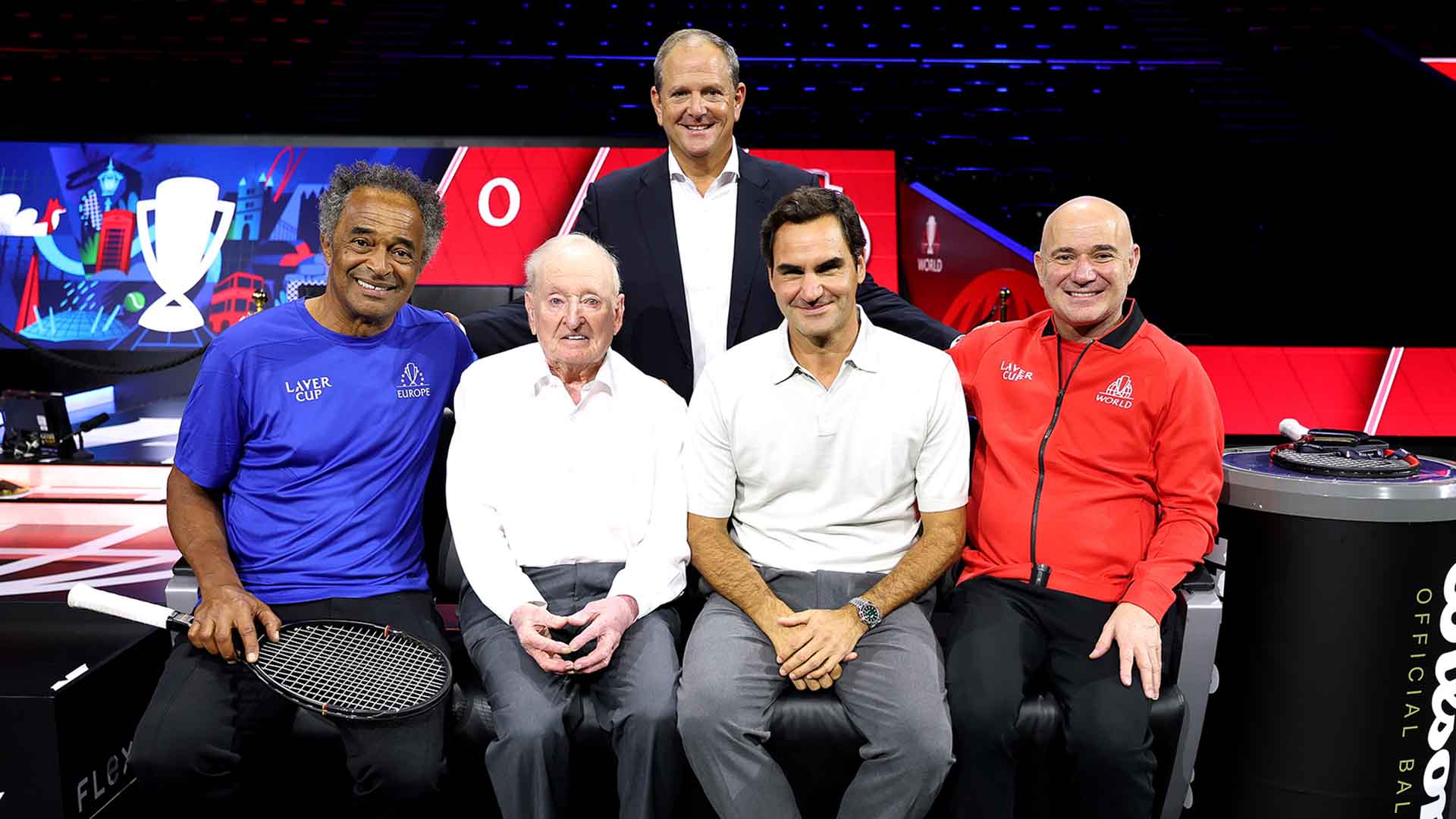 Tony Godsick, Yannick Noah, Rod Laver, Roger Federer, Andre Agassi 